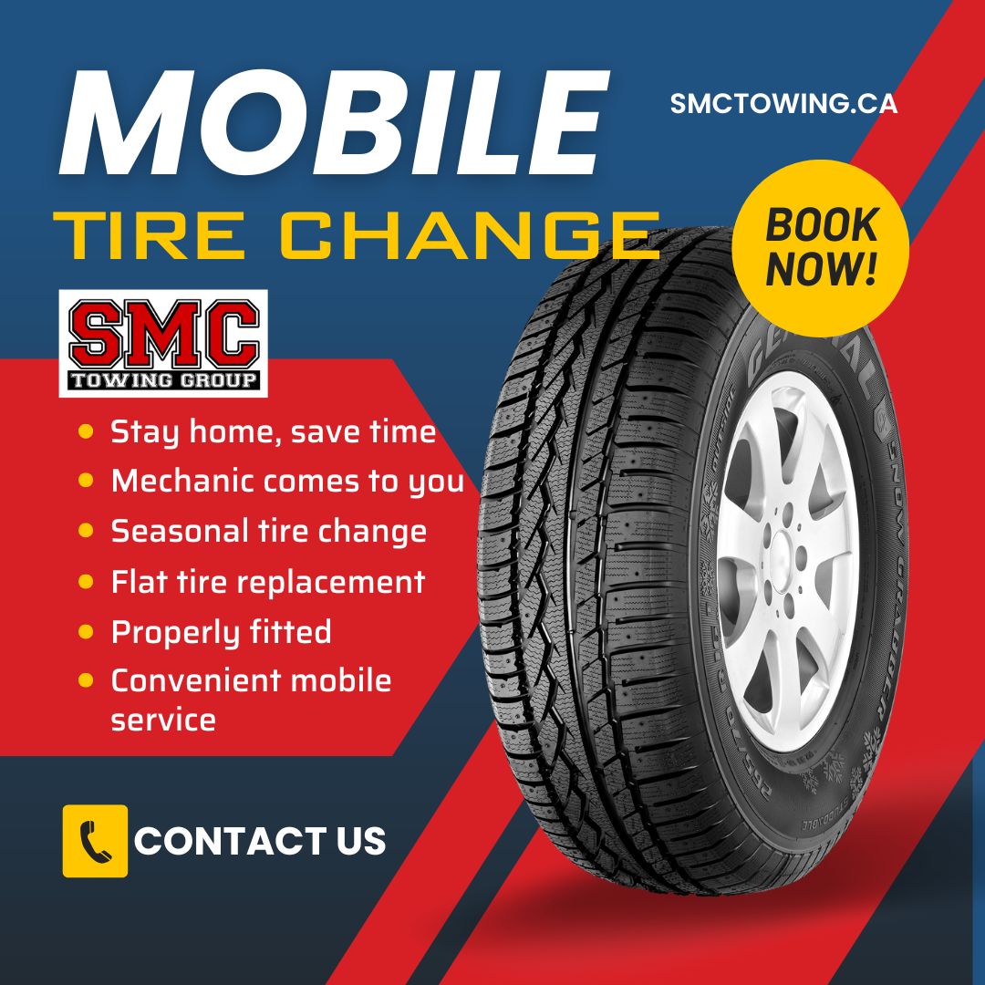 Graphic showing a tire and a list of benefits for "Mobile Tire Change"