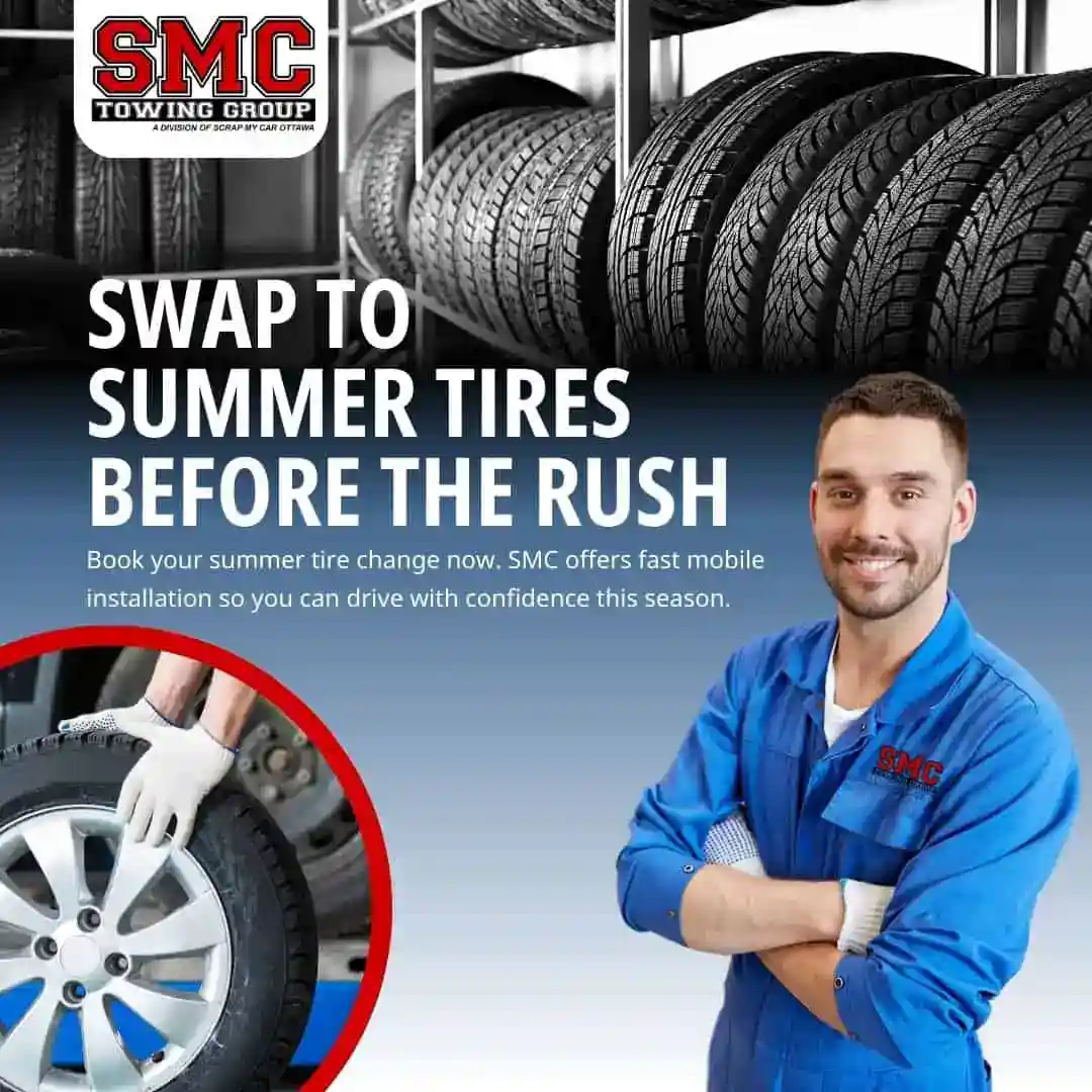 Advertisement for summer tire swap by SMC Towing Group; smiling mechanic in blue uniform beside a tire wheel with stacked tires in the background.
