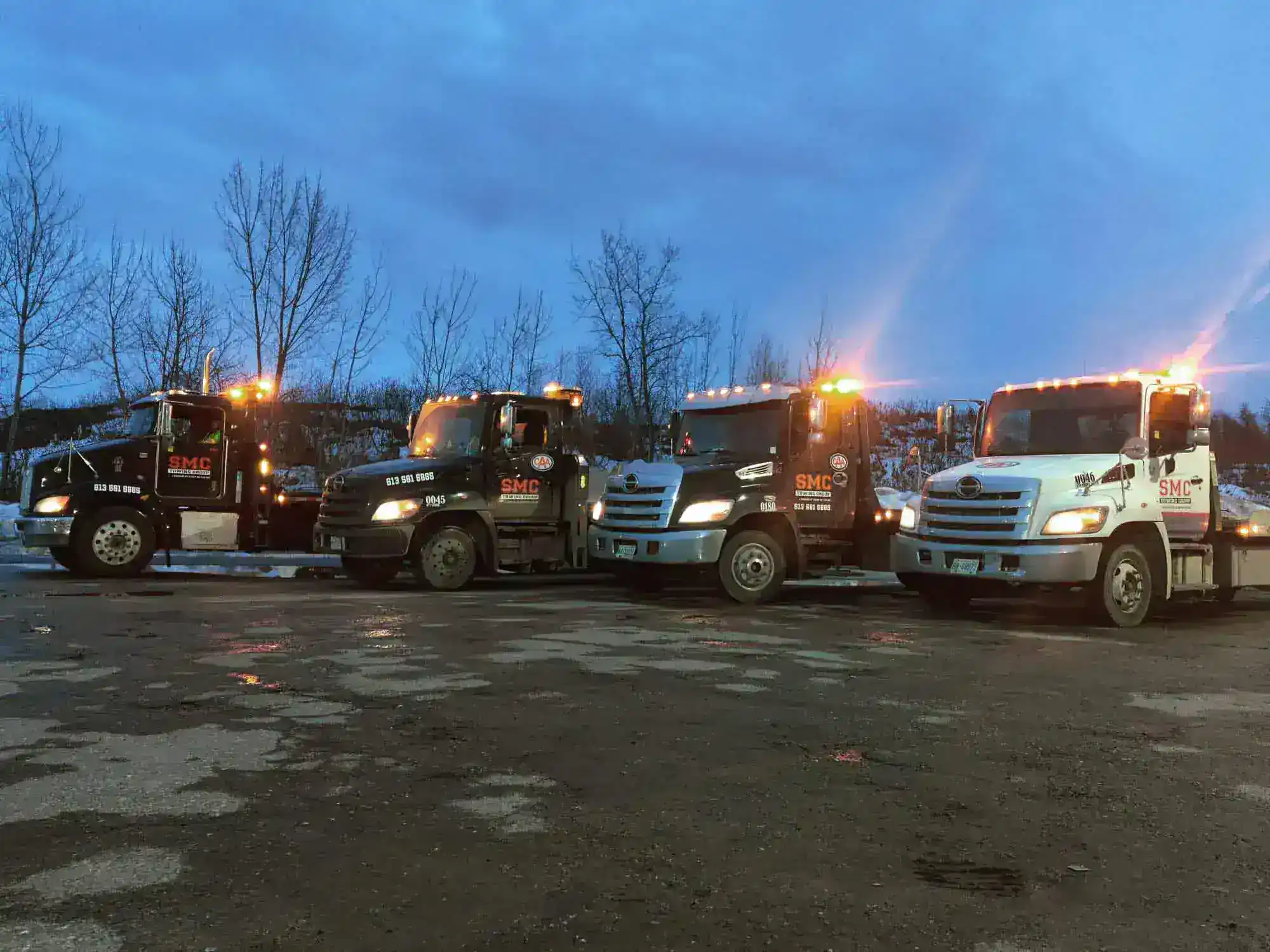Line of tow trucks parked in a row on a wet lot at dusk, with bare trees and glowing orange warning lights in the background.